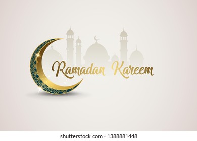 Ramadan Kareem with golden luxurious crescent, Islamic ornate greeting card, banner background vector illustration