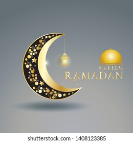 Ramadan kareem with golden luxurious crescent moon and lantern light. can be used for template ornate greeting card. banner. flyer. landing page. web. illustration element vector