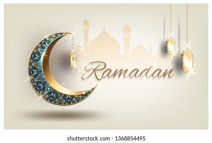 Ramadan kareem with golden luxurious crescen,template islamic ornate greeting card vector
