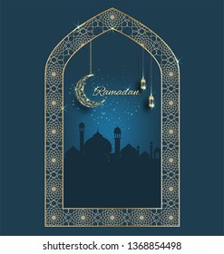 Ramadan kareem with golden luxurious crescen,template islamic ornate greeting card vector
