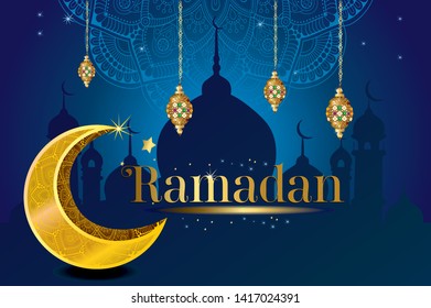 Ramadan kareem with golden luxurious crescen,template islamic ornate greeting card 