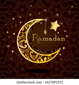 Ramadan kareem with golden luxurious crescen,template islamic ornate greeting card