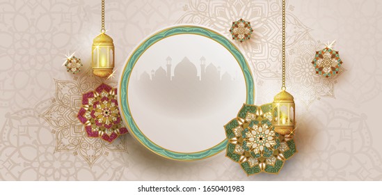 Ramadan Kareem with golden luxurious crescen,template islamic ornate greeting card vector.