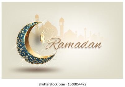 Ramadan kareem com crescen luxuoso dourado, modelo islâmico ornamentado cartão vetor