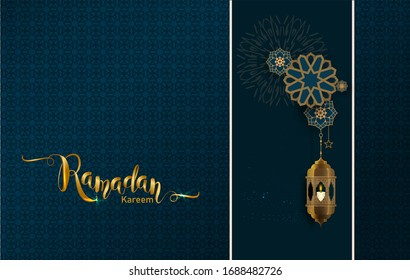 Ramadan kareem with golden luxurious crescent,template islamic ornate greeting card vector
