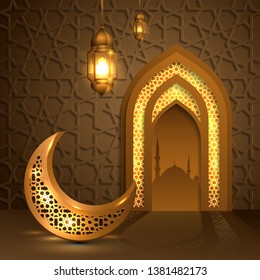 Ramadan Kareem with golden moon and lantern, mosque door islamic pattern background