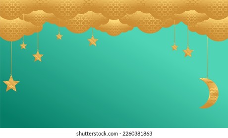 ramadan kareem golden moon golden stars golden clouds background, luxury wallpaper design for covers, invitation backgrounds, packaging design, wall art and prints. Vector illustration