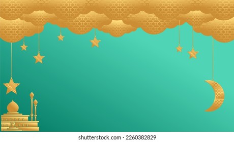 ramadan kareem golden mosque golden moon golden stars golden clouds background, luxury wallpaper design for covers, invitation backgrounds, packaging design, wall art and prints. Vector illustration