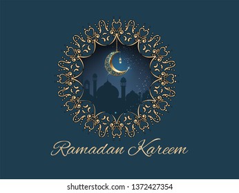 Ramadan kareem with golden ornate crescent  luxurious greeting  card islamic celebration vector for graphic design
