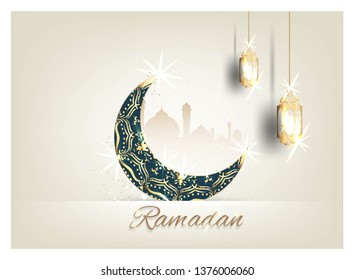 Ramadan kareem with golden ornate crescent and islamic line mosque dome with classic pattern with lantern greeting  card islamic celebration luxury