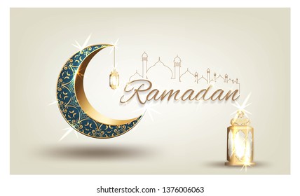 Ramadan kareem with golden ornate crescent and islamic line mosque dome with classic pattern with lantern greeting  card islamic celebration luxury template vector background