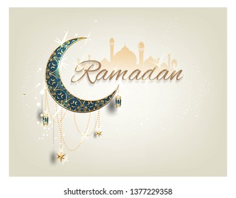 Ramadan kareem with golden ornate crescent and islamic line mosque dome with classic pattern with lantern islamic celebration luxury background greeting card,elements for artwork  graphic design