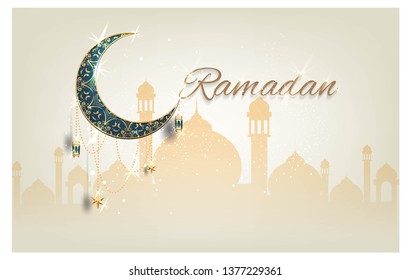 Ramadan kareem with golden ornate crescent and islamic line mosque dome with classic pattern with lantern islamic celebration luxury background greeting card artwork for graphic design