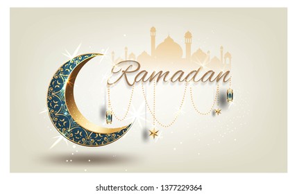 Ramadan kareem with golden ornate crescent and islamic line mosque dome with classic pattern with lantern islamic celebration luxury background greeting card vector template