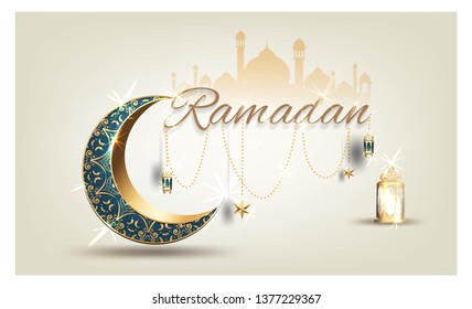 Ramadan kareem with golden ornate crescent and islamic line mosque dome with classic pattern with lantern greeting  card islamic celebration luxury background vector template