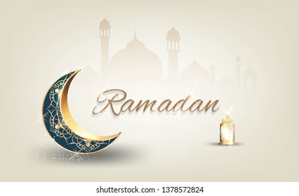 Ramadan kareem with golden ornate crescent and islamic line mosque dome with classic pattern and lantern islamic luxury celebration  background