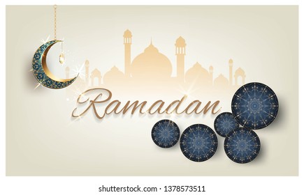Ramadan kareem with golden ornate crescent and islamic line mosque dome with classic pattern with lantern islamic luxury celebration  background 