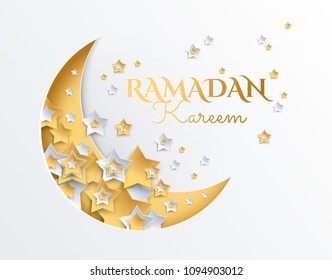 Ramadan Kareem golden and platinum crescent moon and stars background - ramadan eid mubarak vector illustration