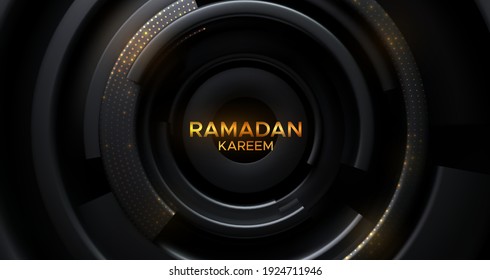 Ramadan Kareem. Golden sign on black radial geometric background. Circular glittering shapes. Vector 3d illustration. Islamic holiday banner. Religious event