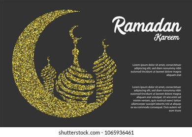 Ramadan Kareem golden sparkle greeting card. Muslim islamic eid mubarak celebration. Holy arabic religiondesign. Vector illustration. Shiny night poster glitter effect.