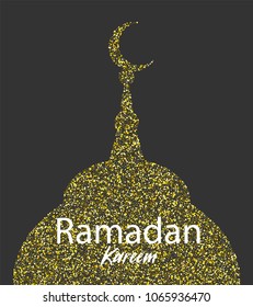 Ramadan Kareem golden sparkle greeting card. Muslim islamic eid mubarak celebration. Holy arabic religiondesign. Vector illustration. Shiny night poster glitter effect.