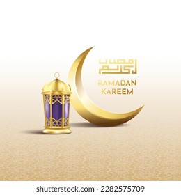 Ramadan Kareem golden theme. Calligraphy Kufi with lantern. Vector EPS 10