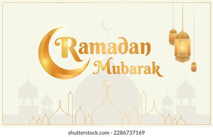 Ramadan Kareem. Golden typography Ramadan font with Illuminated Lanterns Hang and Mosque On whit Background.