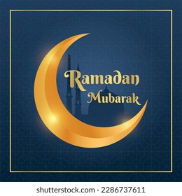 Ramadan Kareem. Golden typography Ramadan font with Illuminated Lanterns Hang and Mosque On lue Background.