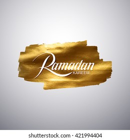 Ramadan Kareem. Golden vector banner with lettering Ramadan Kareem label. Abstract gold glittering textured stain. Vector muslim holy month sign
