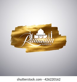 Ramadan Kareem. Golden vector banner with lettering Ramadan Kareem label with mosque. Abstract glittering textured stain. Muslim holy month sign
