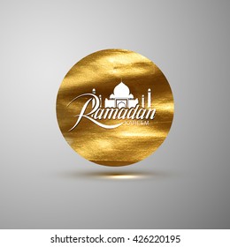 Ramadan Kareem. Golden vector banner with lettering Ramadan Kareem label with mosque. Abstract golden glittering textured stain. Muslim holy month sign