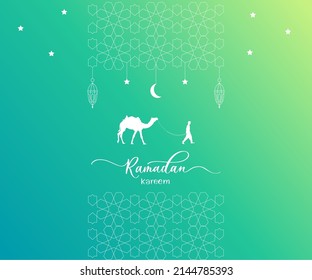 Fondo de degradado de Ramadan Kareem con iluminación de vectores de camello, farol y ornamento