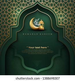 Ramadan kareem green background with a combination of shining gold lanterns, geometric pattern, crescent moon and arabic calligraphy. Islamic backgrounds for posters, banners, greeting cards and more.