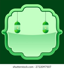 Ramadan Kareem grüner Hintergrund Vektor. Islamisches Rahmendesign mit hängenden Laternen und Leerraum für Text. Grußkartenvorlage für Eid Mubarak.