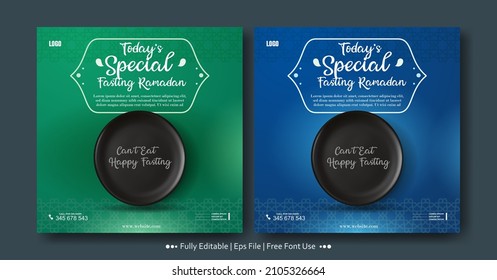 Ramadán kareem verde y azul con colección de plantillas de banners cuadrados de placa vacía  
