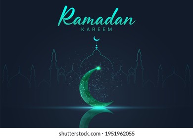 Ramadan Kareem Green Chrystal Moon With Background Mosque Premium Vector