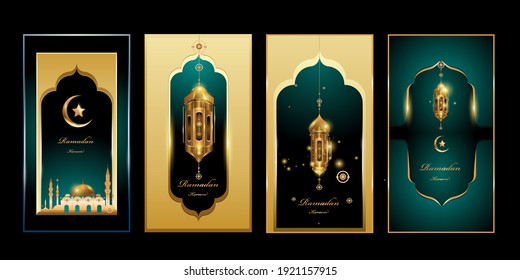 Ramadán Kareem en color verde y dorado con farolillos e ilustración de la mezquita para carteles, tarjetas de felicitación y medios sociales