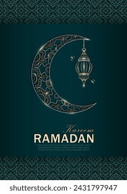 Ramadan Kareem green greeting card with hand drawn linear golden crescent moon and Arabic lantern. Vertical banner with outline Muslim crescent, lamp and arabesque pattern as frame for Eid Mubarak