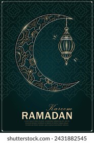 Ramadan Kareem tarjeta de felicitación verde con la luna creciente de oro dibujada a mano y linterna árabe brillante. Pancarta vertical con contorno de media luna musulmana, lámpara y patrón arabesco para Eid Mubarak