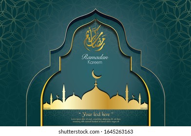 Ramadan kareem green with lanterns and crescent moon Vector