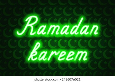 Ramadan Kareem. Green neon lettering. Glowing holiday text. Color vector illustration. Green background from moon and star. Congratulations on Ramadan. Idea for web design.