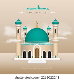 Ramadan kareem greeting with 3d mosque and ramadan kareem text in arabic