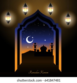 Ramadan Kareem greeting. Arabian nights decorated with light from Arabic lamps. Vector Illustration.