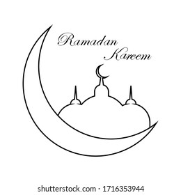 Ramadan kareem greeting. arabic calligraphy with mosque moon. isolated islam black flat vector illustration. arabic symbol. ramadan kareem arabic text. ramadan kareem text islamic banner.Eps 10