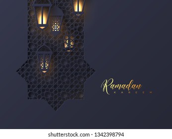 Ramadan Kareem greeting background. 3d paper cut octagon with glowing lanterns decorated traditional islamic pattern. Design for greeting card, banner or poster. Vector illustration.