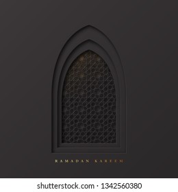 Ramadan Kareem greeting background. 3d paper cut arabic window decorated pattern in traditional islamic style. Design for greeting card, banner or poster. Vector illustration.