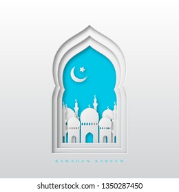 Ramadan Kareem greeting background. 3d paper cut arabic window with mosque and crescent. Design for greeting card, banner or poster. Translation Ramadan Kareem. Vector illustration.