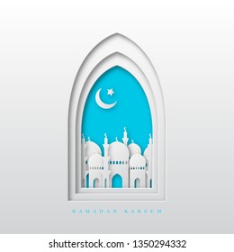 Ramadan Kareem greeting background. 3d paper cut arabic window with mosque and crescent. Design for greeting card, banner or poster. Translation Ramadan Kareem. Vector illustration.