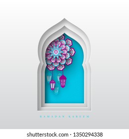 Ramadan Kareem greeting background. 3d paper cut arabic window decorated pattern in traditional islamic style with flower and hanging lanterns. Translation Ramadan Kareem. Vector.