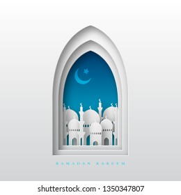 Ramadan Kareem greeting background. 3d paper cut arabic window with mosque and crescent. Design for greeting card, banner or poster. Translation Ramadan Kareem. Vector illustration.